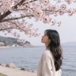 부산 민주공원에서 바다를 배경으로 핑크색 겹벚꽃이 만개한 모습