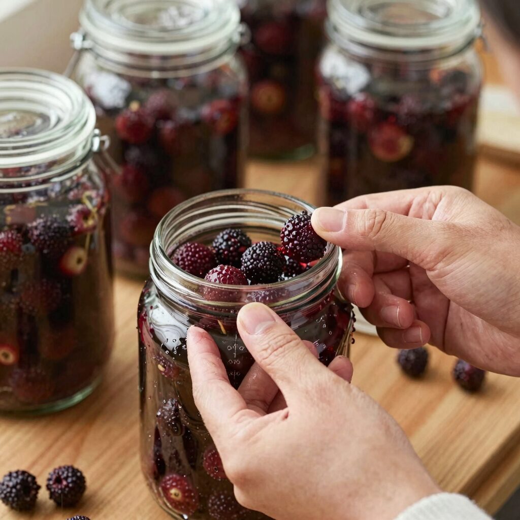데치고 손질한 머위를 유리병에 가지런히 담고 장아찌 간장을 붓는 과정
