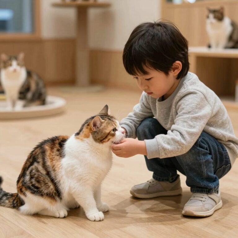 블레스 앤 캣츠 고양이 라운지에서 아이가 고양이와 교감하는 모습
