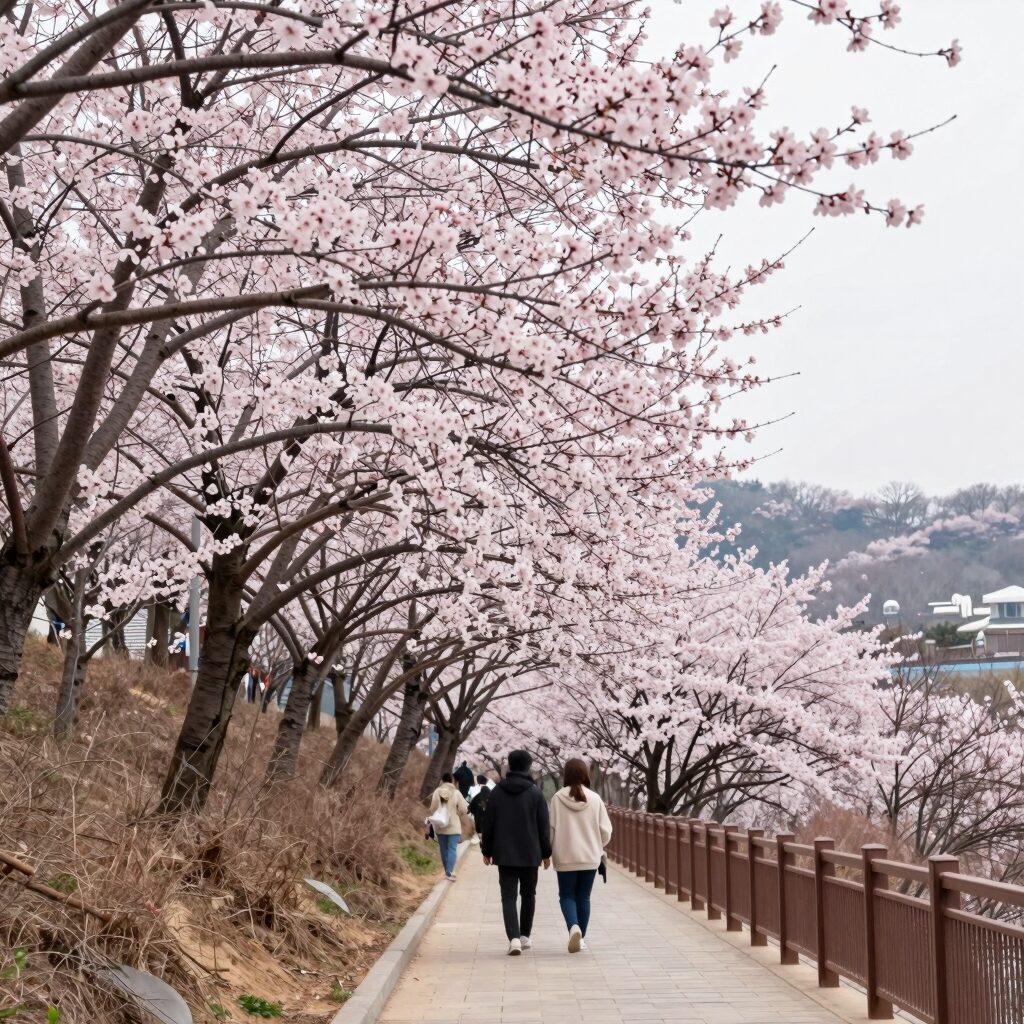 춘덕산 복숭아꽃동산에 핀 분홍빛 복숭아꽃과 산책로