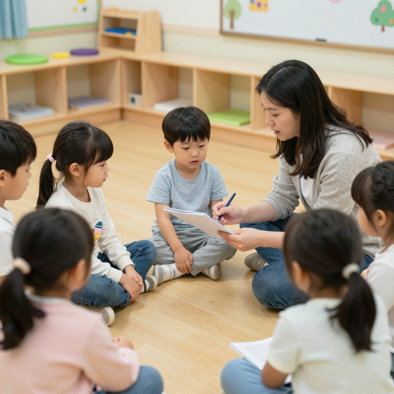 어린이집에서 엄마와 교사가 아이의 상담일지를 보며 대화하는 모습