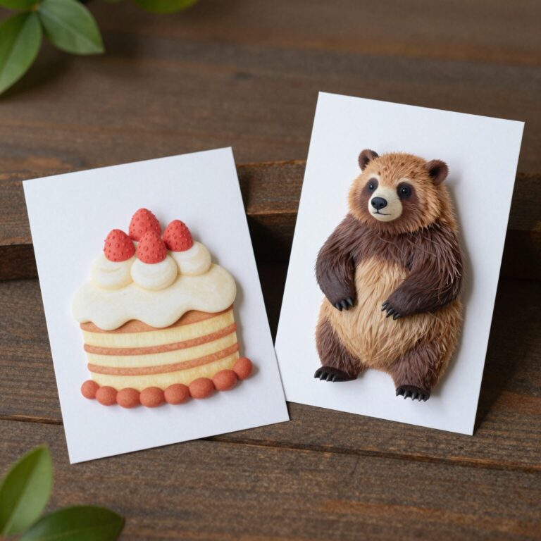 어린이날 카드 도안 예시로 조각 케이크 모양 카드와 팝업 곰돌이 카드가 나란히 놓여 있음