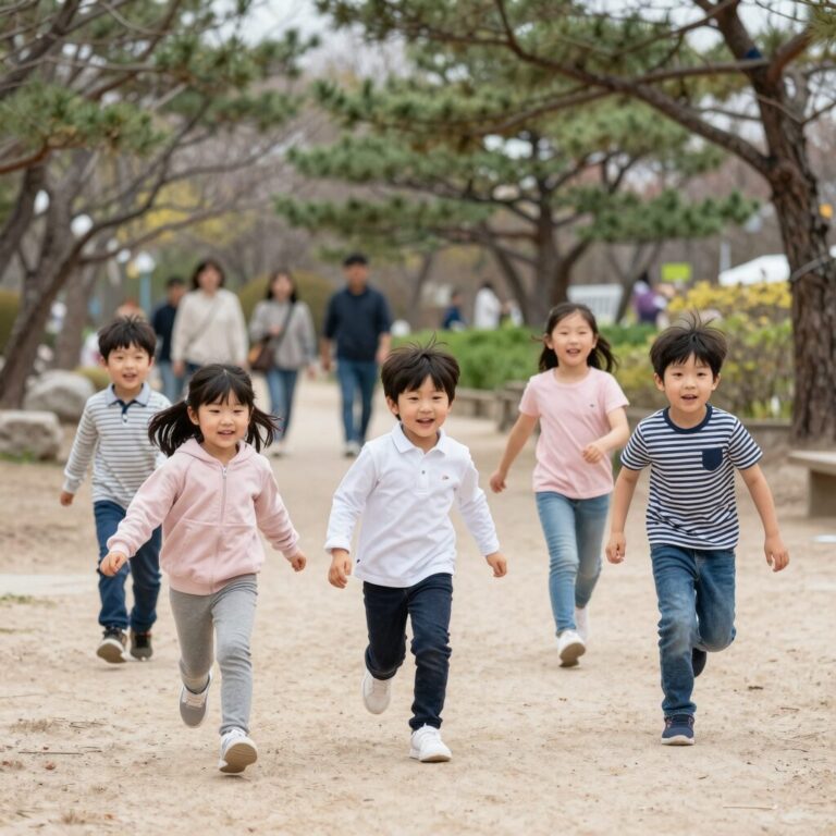 2026년 어린이날 가족 나들이를 즐기는 모습, 공원에서 아이들이 뛰노는 장면