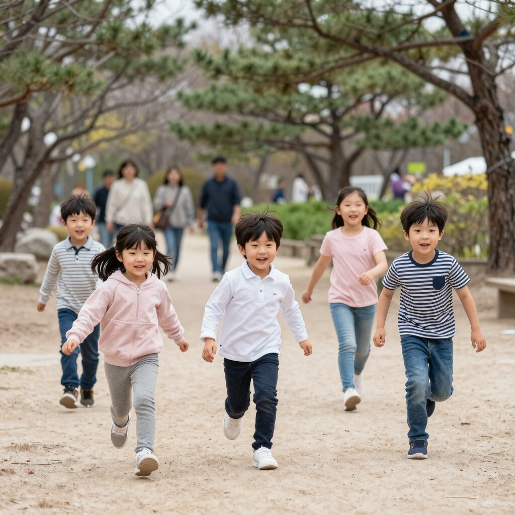 2026년 어린이날 가족 나들이를 즐기는 모습, 공원에서 아이들이 뛰노는 장면