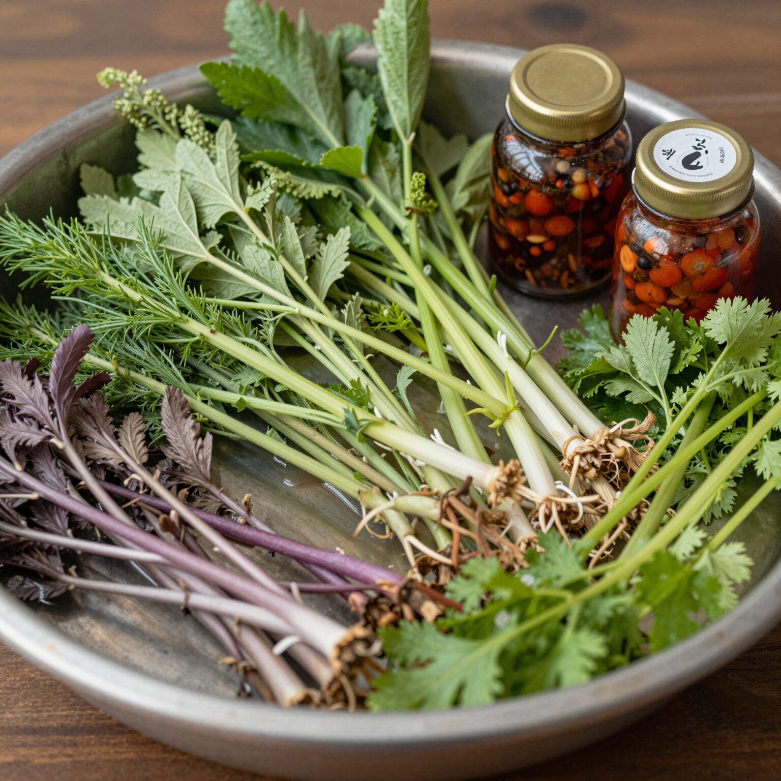 데치고 물기 뺀 신선초와 여러 봄나물들이 그릇에 담겨 있고 옆에 장아찌 간장 소스가 준비된 모습