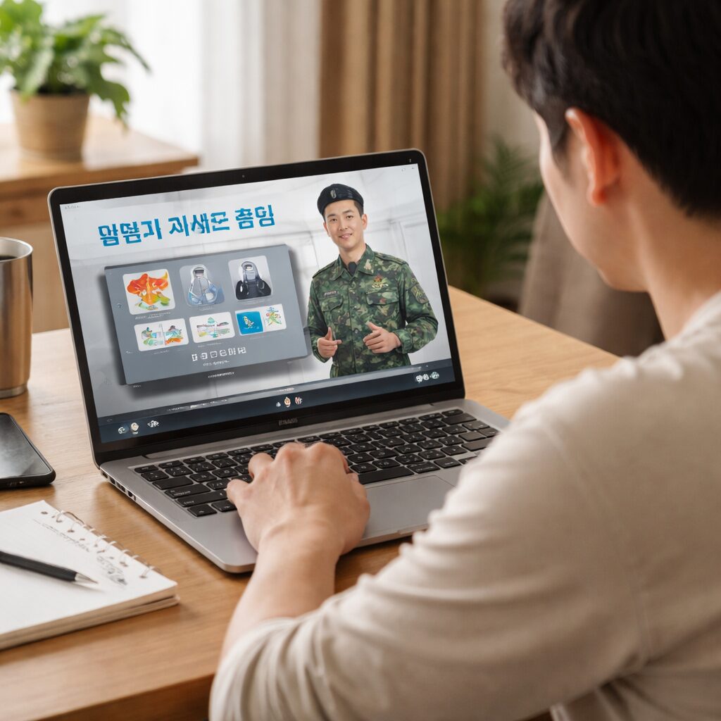 민방위 사이버 훈련 화면 노트북으로 교육 영상을 시청하는 모습