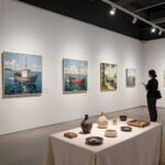 세월호 생존자와 예술을 통한 치유와 기억 인천 부평아트센터에서 열린 세월호 추모 전시 연결의 전경, 벽에 걸린 그림과 테이블 위 공예품이 보인다