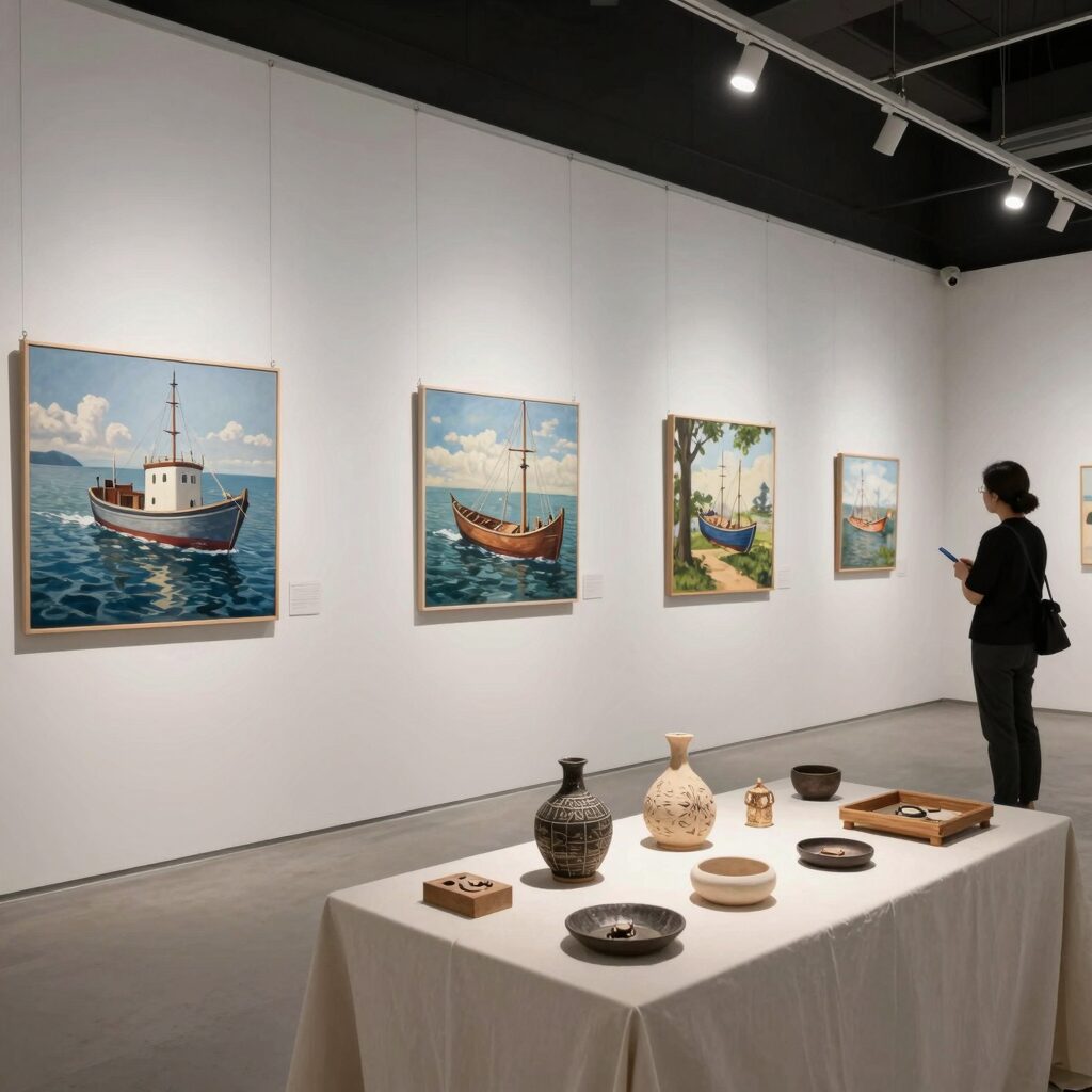 인천 부평아트센터에서 열린 세월호 추모 전시 연결의 전경, 벽에 걸린 그림과 테이블 위 공예품이 보인다