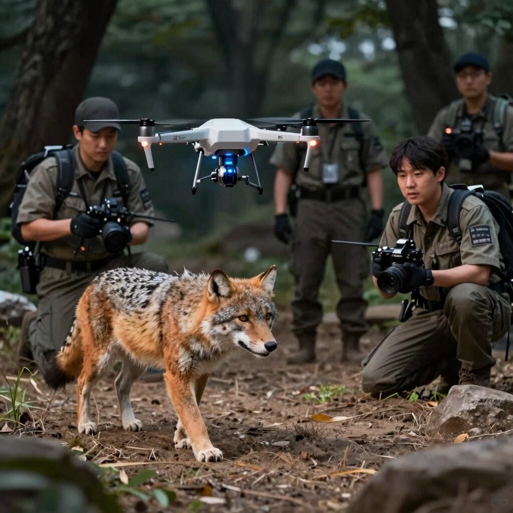 대전 오월드 늑대 수색 작전 현장에서 드론과 수색대원들이 활동하는 모습