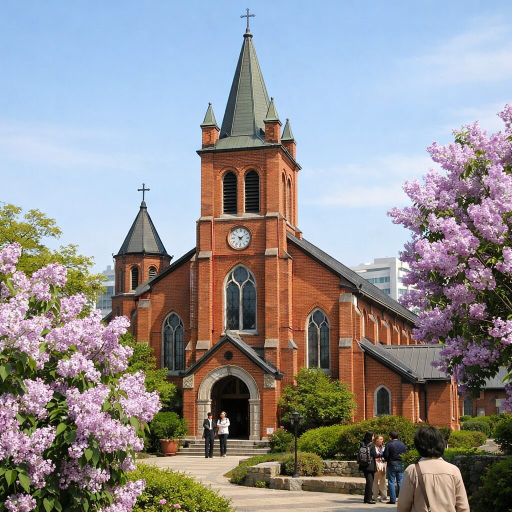 대한성공회대구교회 붉은 벽돌 건물과 만개한 라일락 나무
