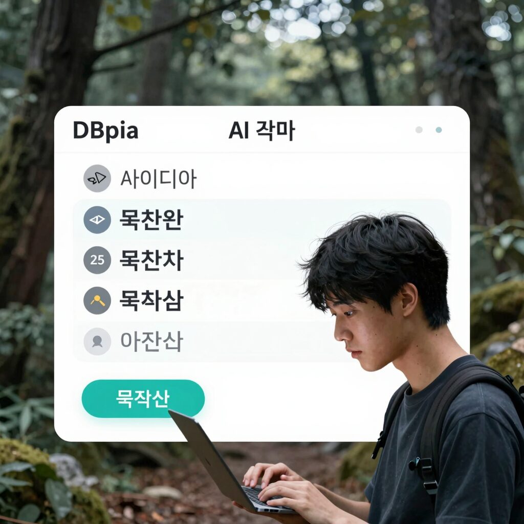 DBpia AI 아이디어 기능 화면 캡처, 주제 추천과 목차 초안이 표시됨