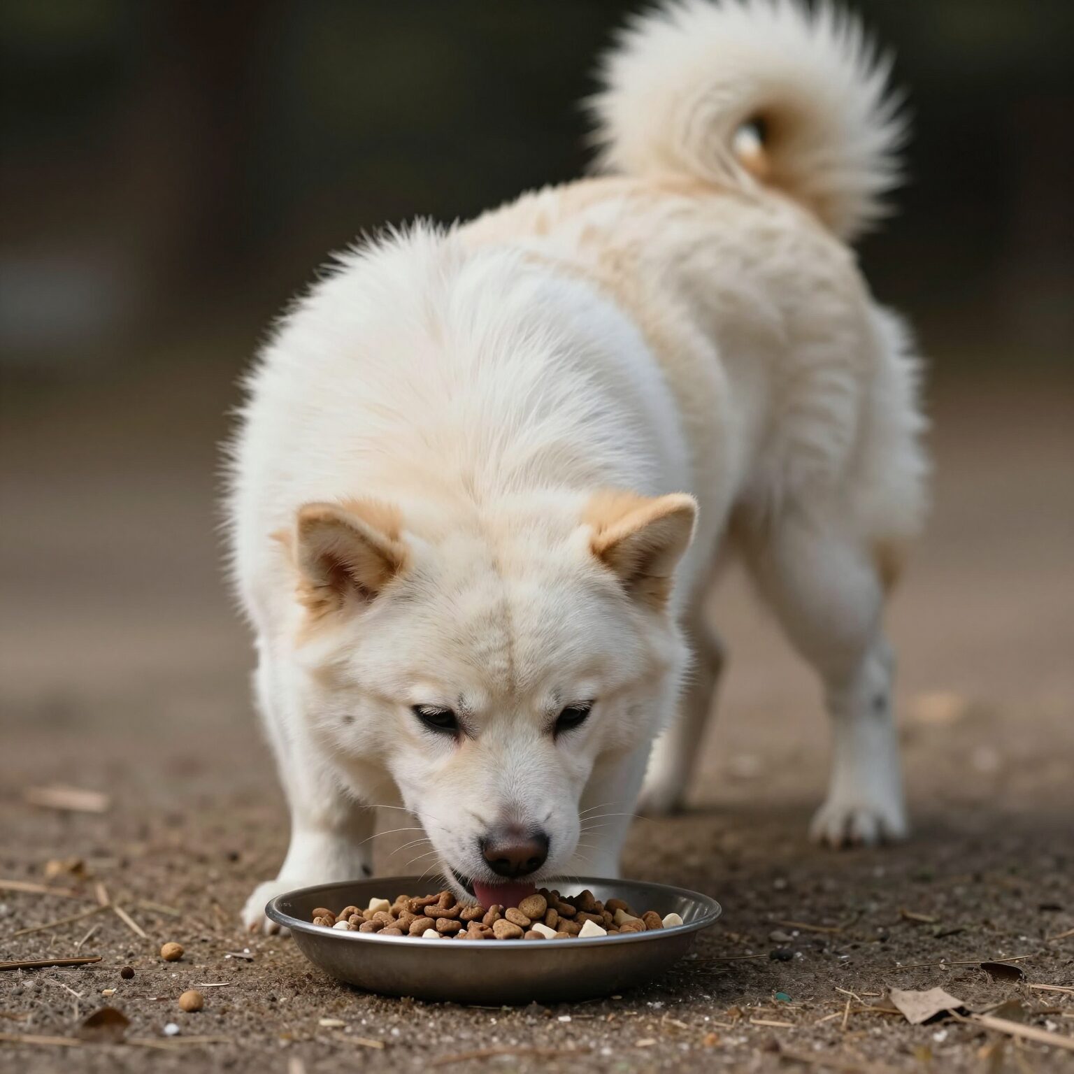 강아지가 신중하게 먹이를 먹고 있는 모습