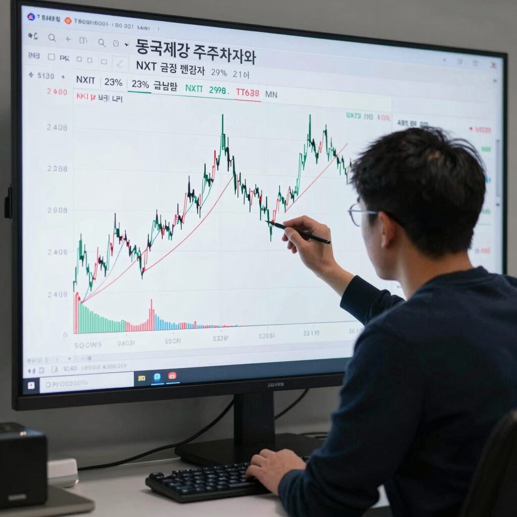 동국제강 주가 차트와 NXT 급등 캔들 패턴, 장후 시장에서 23% 급등한 모습