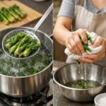 손질된 두릅을 데치고 물기를 짜는 과정