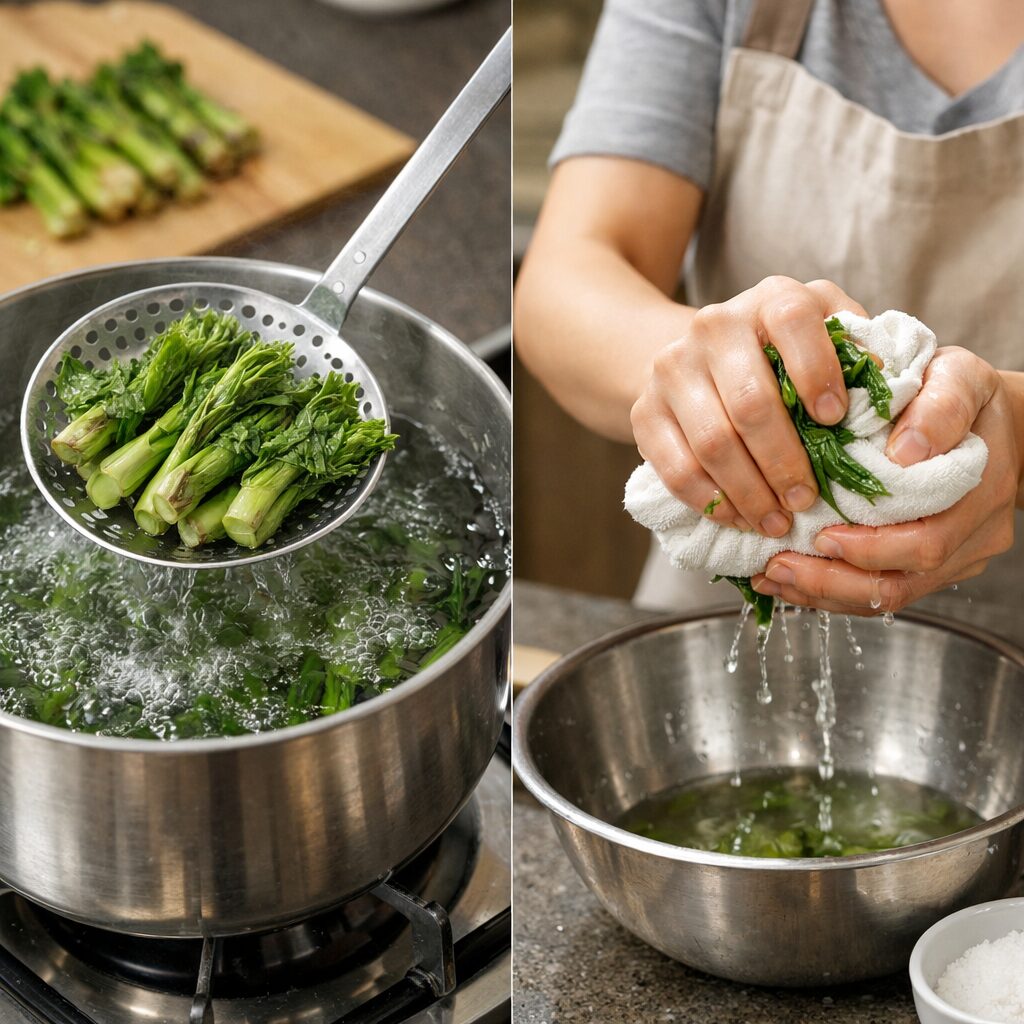 손질된 두릅을 데치고 물기를 짜는 과정