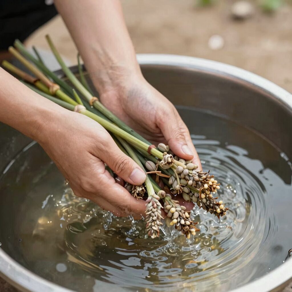 돗나물을 찬물에 세척하고 물기를 짜는 과정