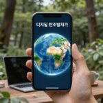 스마트폰과 노트북 화면에 지구 아이콘이 떠 있는 이미지로 디지털 탄소발자국 줄이기 주제를 시각화