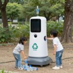 공원에 설치된 네프론 무인 재활용품 회수로봇, 아이가 페트병을 투입하고 있다