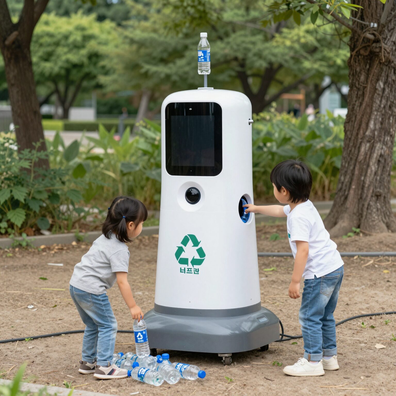 공원에 설치된 네프론 무인 재활용품 회수로봇, 아이가 페트병을 투입하고 있다