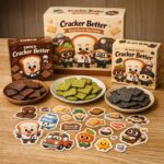 잇츠베러 크래커 브래드이발소 에디션 세트 구성 사진, 초코 야채 약콩 맛과 귀여운 스티커가 보임