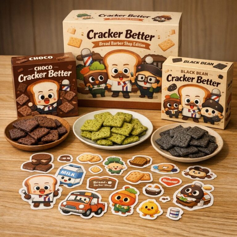 잇츠베러 크래커 브래드이발소 에디션 세트 구성 사진, 초코 야채 약콩 맛과 귀여운 스티커가 보임