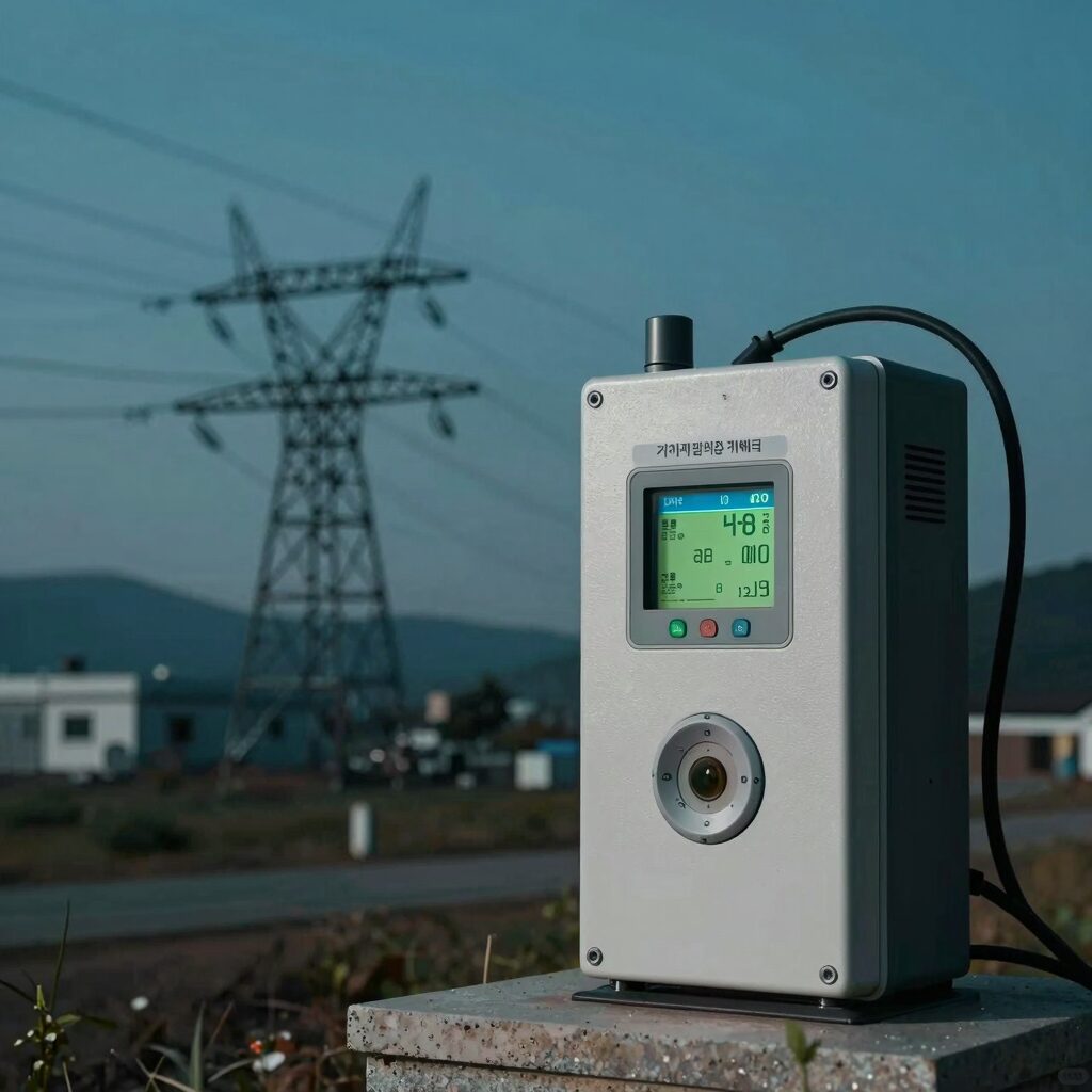 전기 계량기와 배경의 발전소 실루엣, 전기 요금과 에너지 생산의 관계를 상징적으로 표현