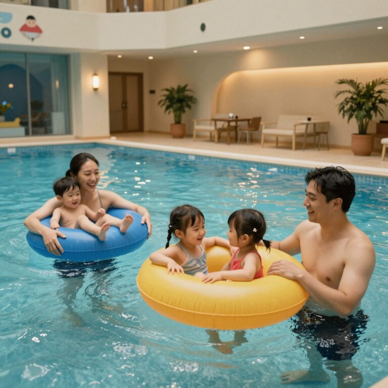 호텔 실내 수영장에서 웃으며 놀고 있는 가족의 모습, 부모와 아이들이 튜브를 타고 즐거워함