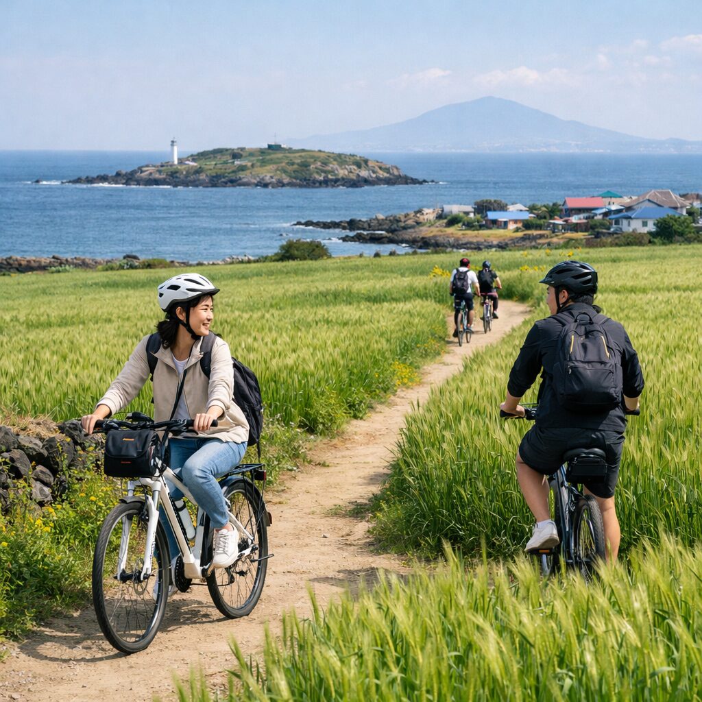 봄철 가파도의 푸르른 청보리밭과 자전거 타는 여행객들