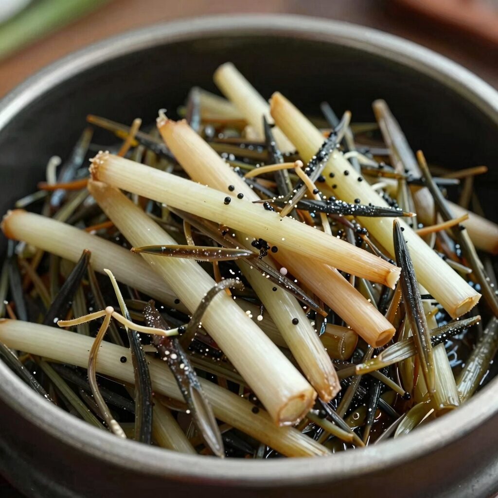 완성된 마늘쫑멸치볶음이 그릇에 담겨 있으며 아삭한 마늘쫑과 바삭한 멸치의 조화로운 모습을 보여줍니다