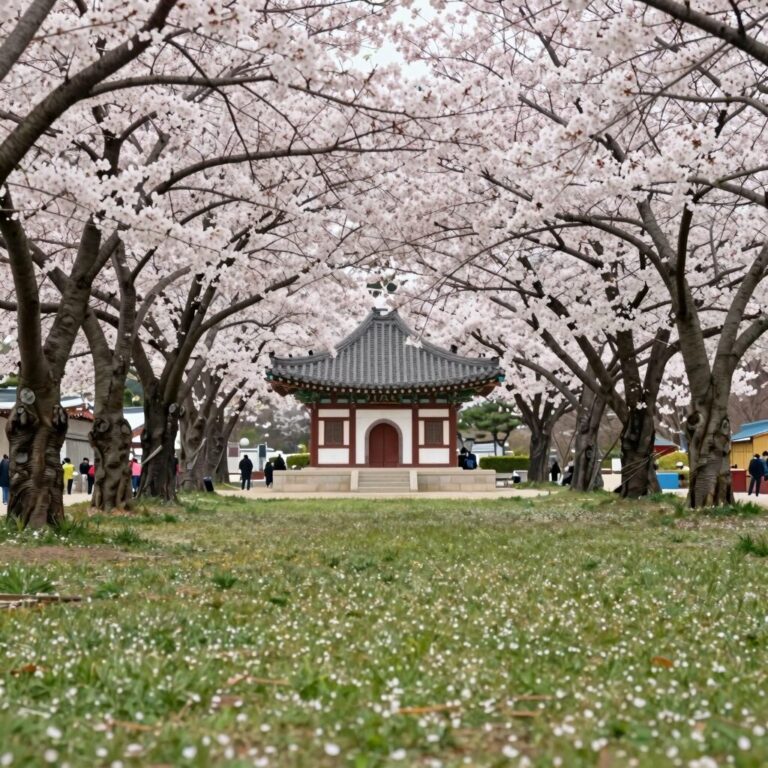 거제 고현 충혼탑 앞 넓은 잔디밭과 화려한 겹벚꽃 나무