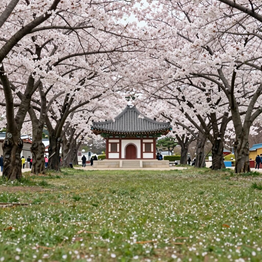 거제 고현 충혼탑 앞 넓은 잔디밭과 화려한 겹벚꽃 나무