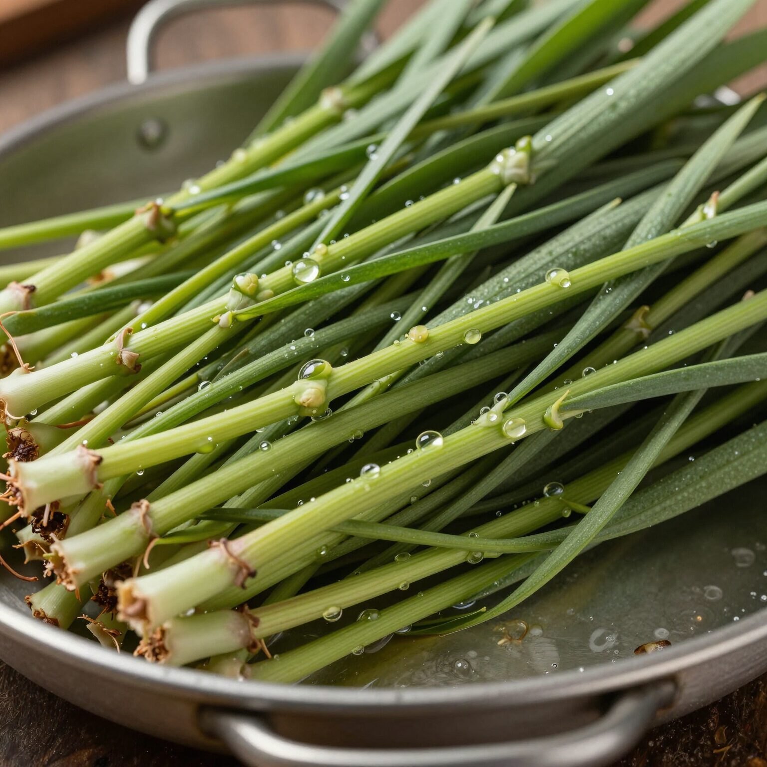 데쳐서 물기를 뺀 신선한 곰취 나물을 접시에 펼쳐 놓은 모습