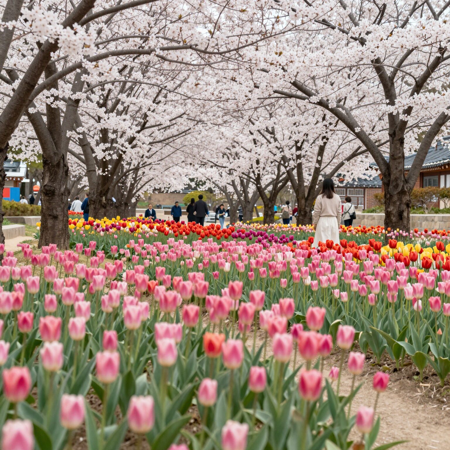 경주 첨성대 배경 유채꽃과 튤립이 만개한 봄날 풍경