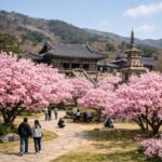 경주 불국사 앞 공원에 핀 분홍색 겹벚꽃 나무들이 군락을 이루고 있는 봄 풍경