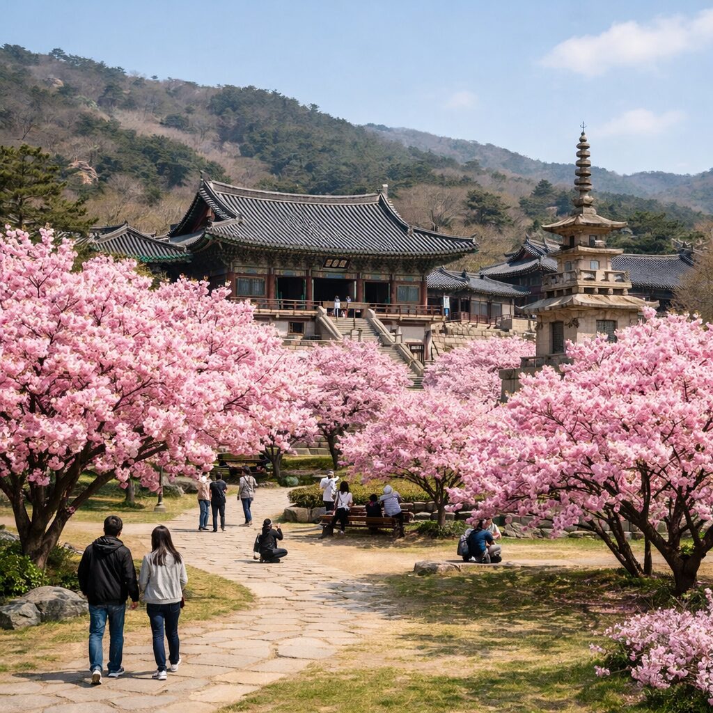 경주 불국사 앞 공원에 핀 분홍색 겹벚꽃 나무들이 군락을 이루고 있는 봄 풍경