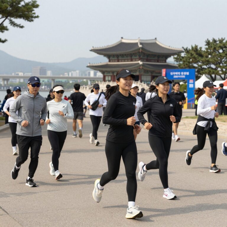 쉬엄쉬엄 한강 3종 축제 참가자들이 한강공원에서 달리기를 즐기고 있는 모습