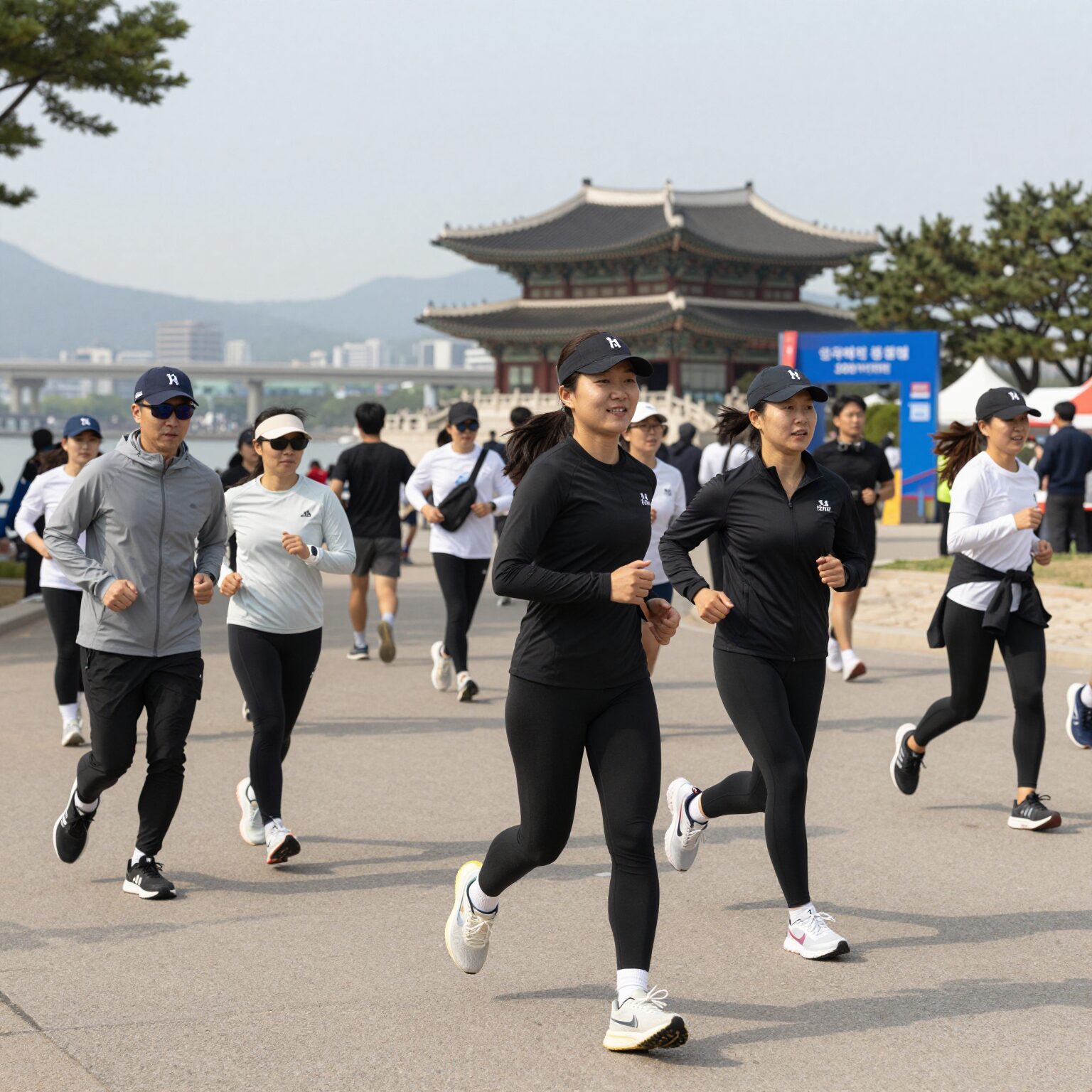 쉬엄쉬엄 한강 3종 축제 참가자들이 한강공원에서 달리기를 즐기고 있는 모습