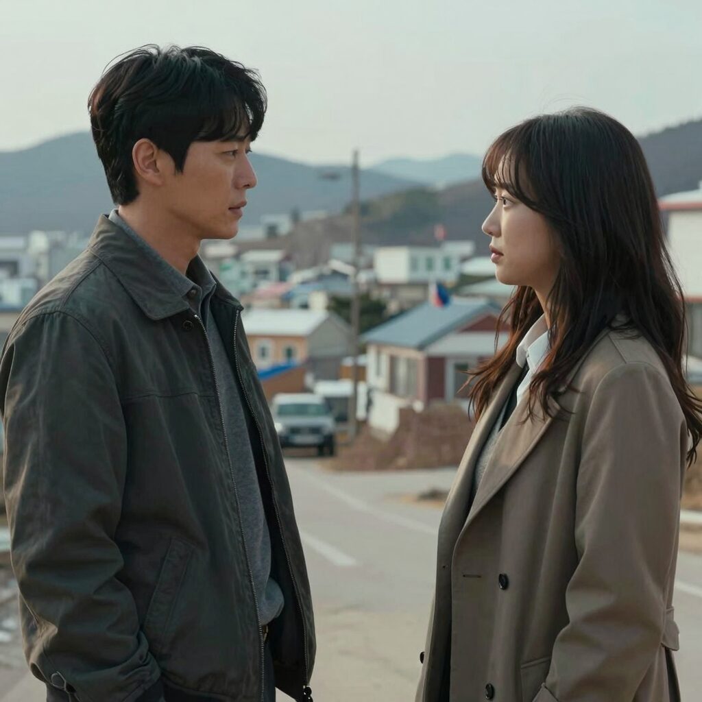 영화 휴민트 장면 조인성과 박정민이 블라디보스토크 배경에서 대치하는 모습