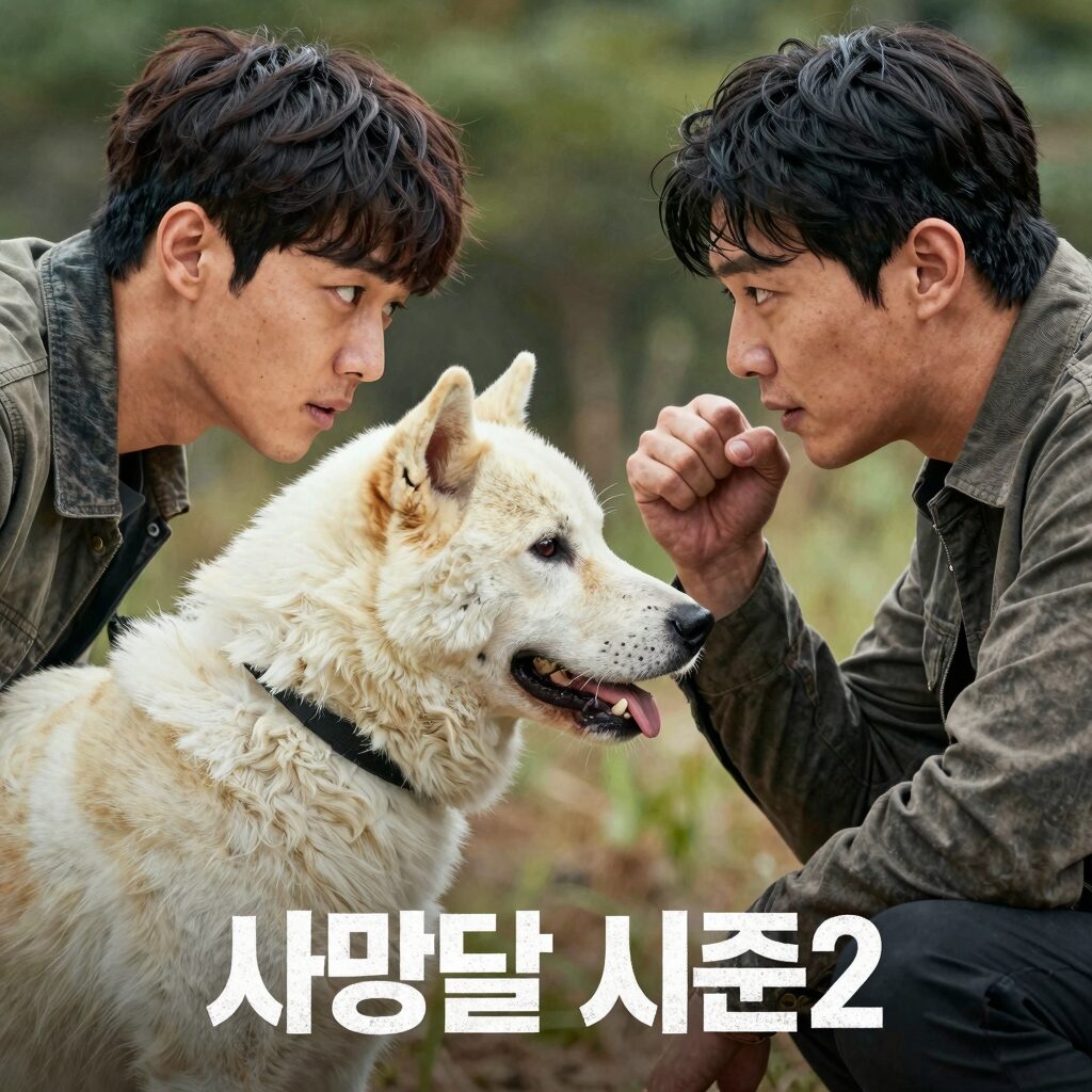 사냥개들 시즌2 공식 포스터 이미지로 주인공 건우와 우진, 빌런 백정의 위험한 대립 구도를 보여줌