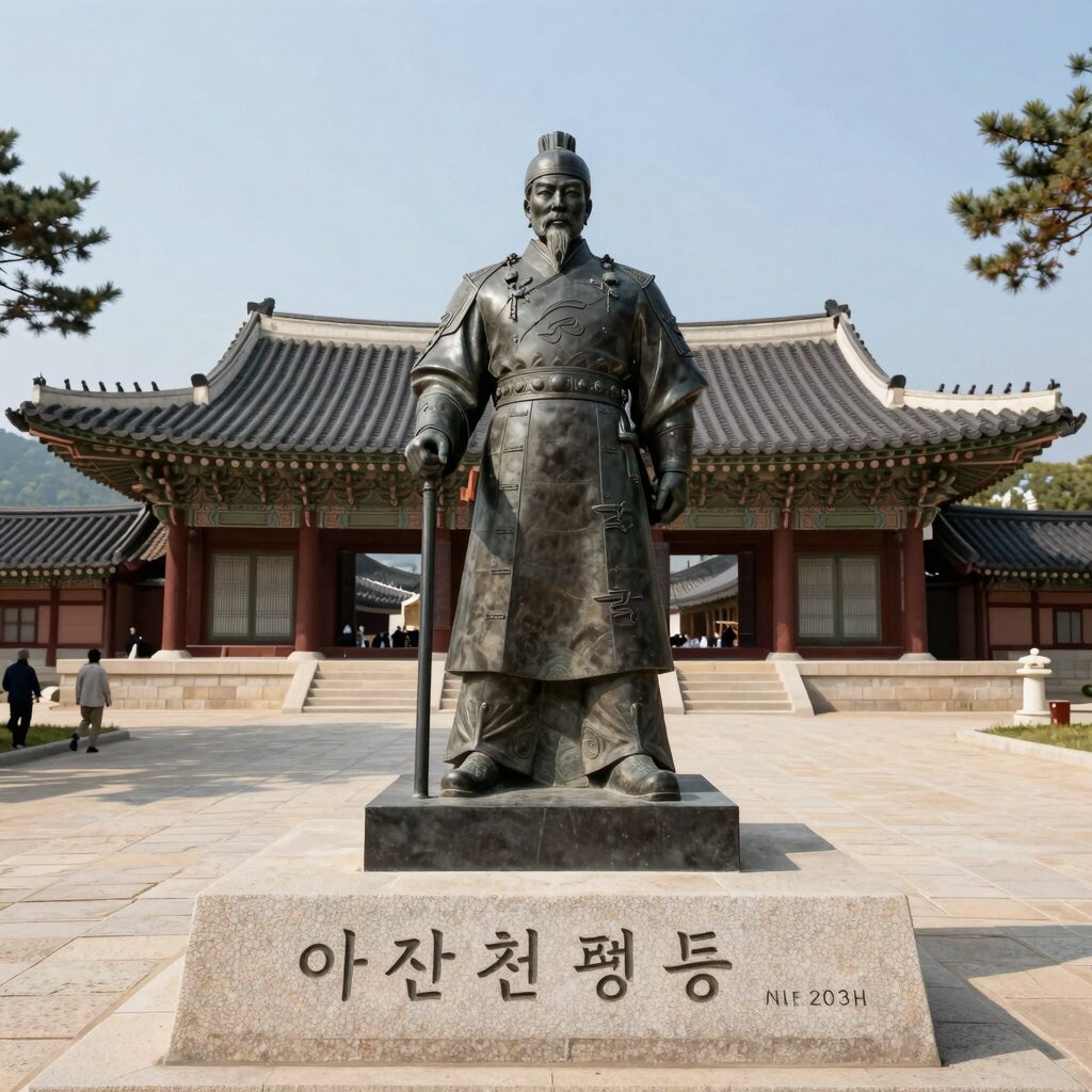 아산 현충사 전경과 이순신 장군 동상