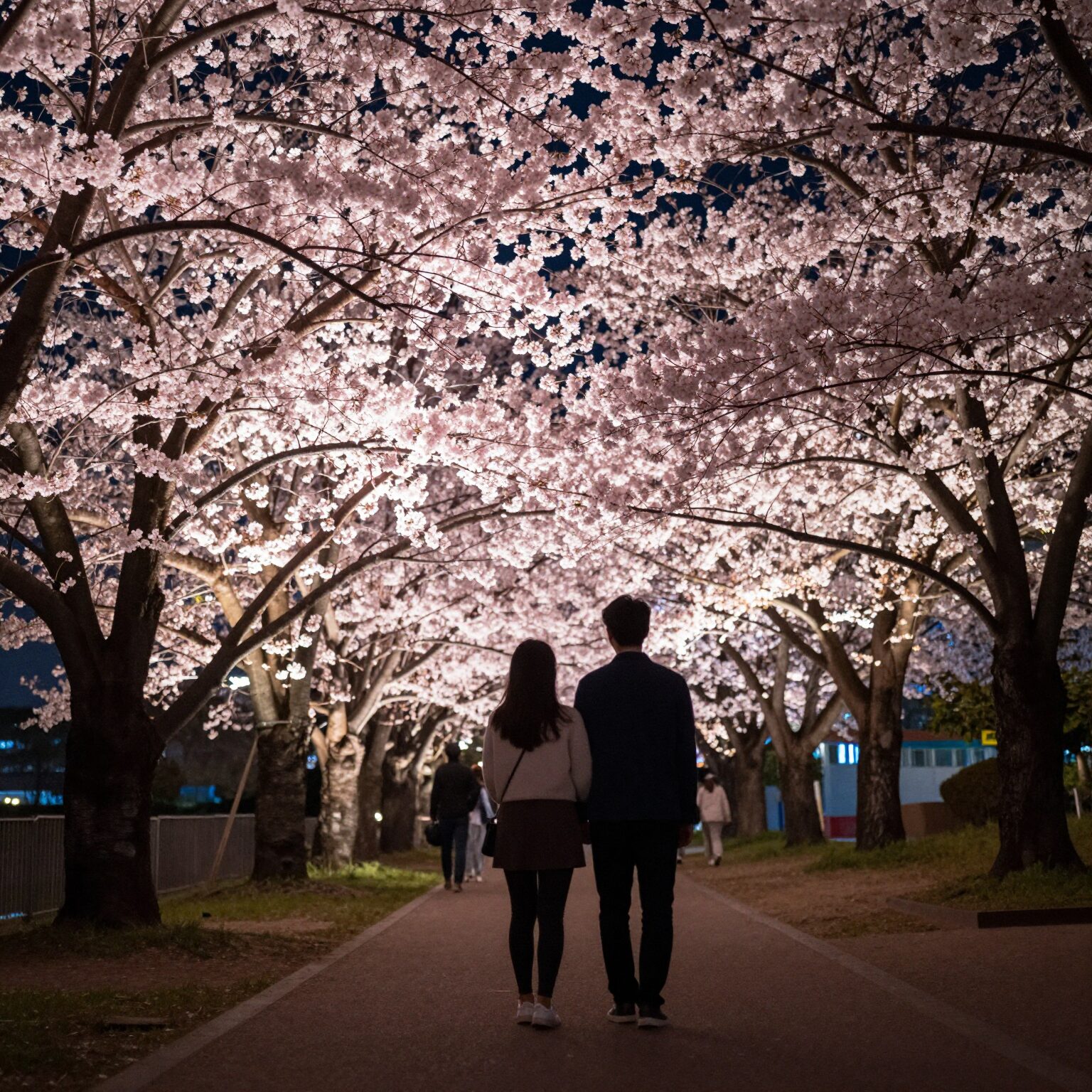 인천 자유공원 야간 조명을 받아 은은하게 빛나는 분홍색 겹벚꽃 나무와 데이트하는 커플 실루엣
