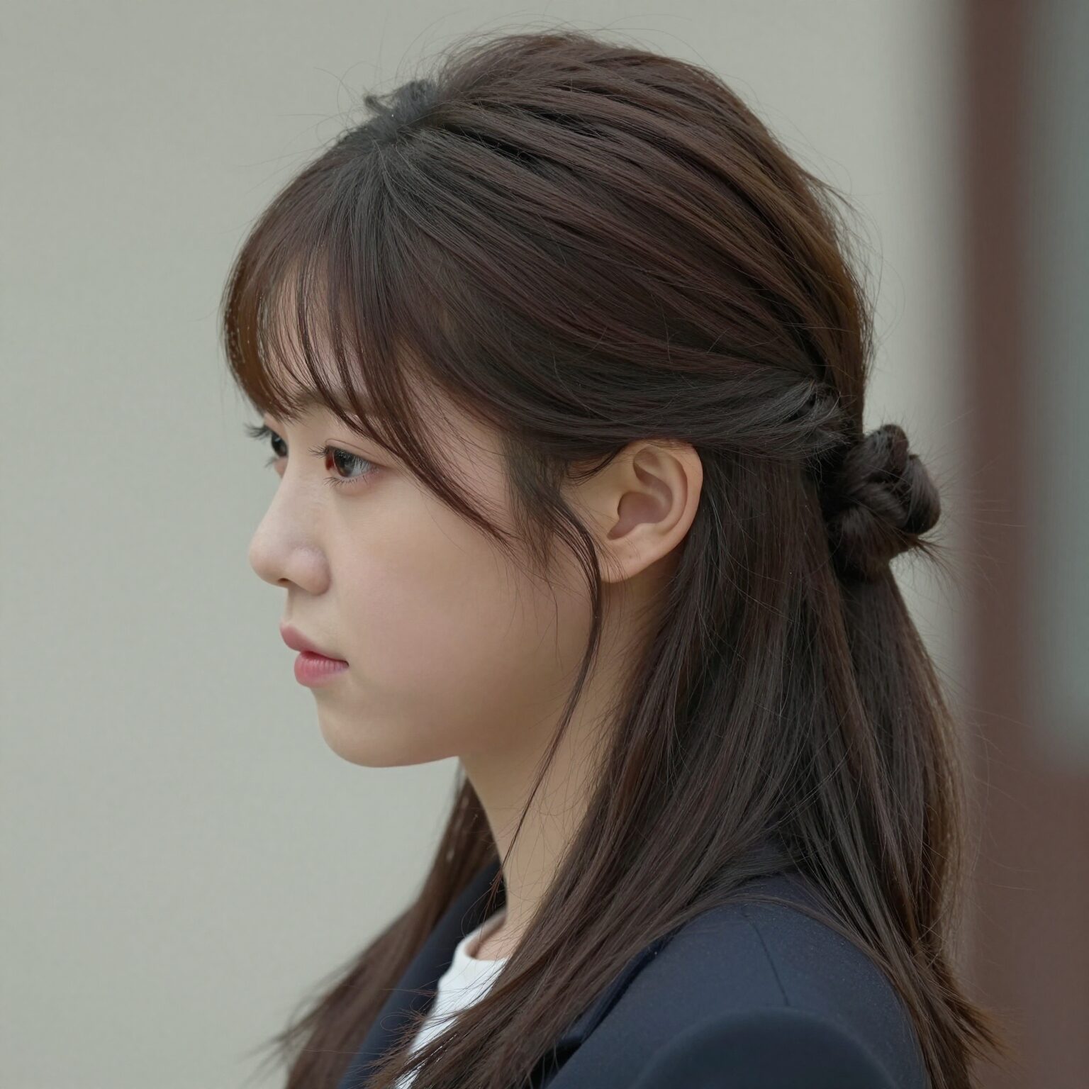 아이유 긴머리 반묶음 스타일 사진, 정수리 볼륨과 자연스러운 옆머리 라인이 강조됨