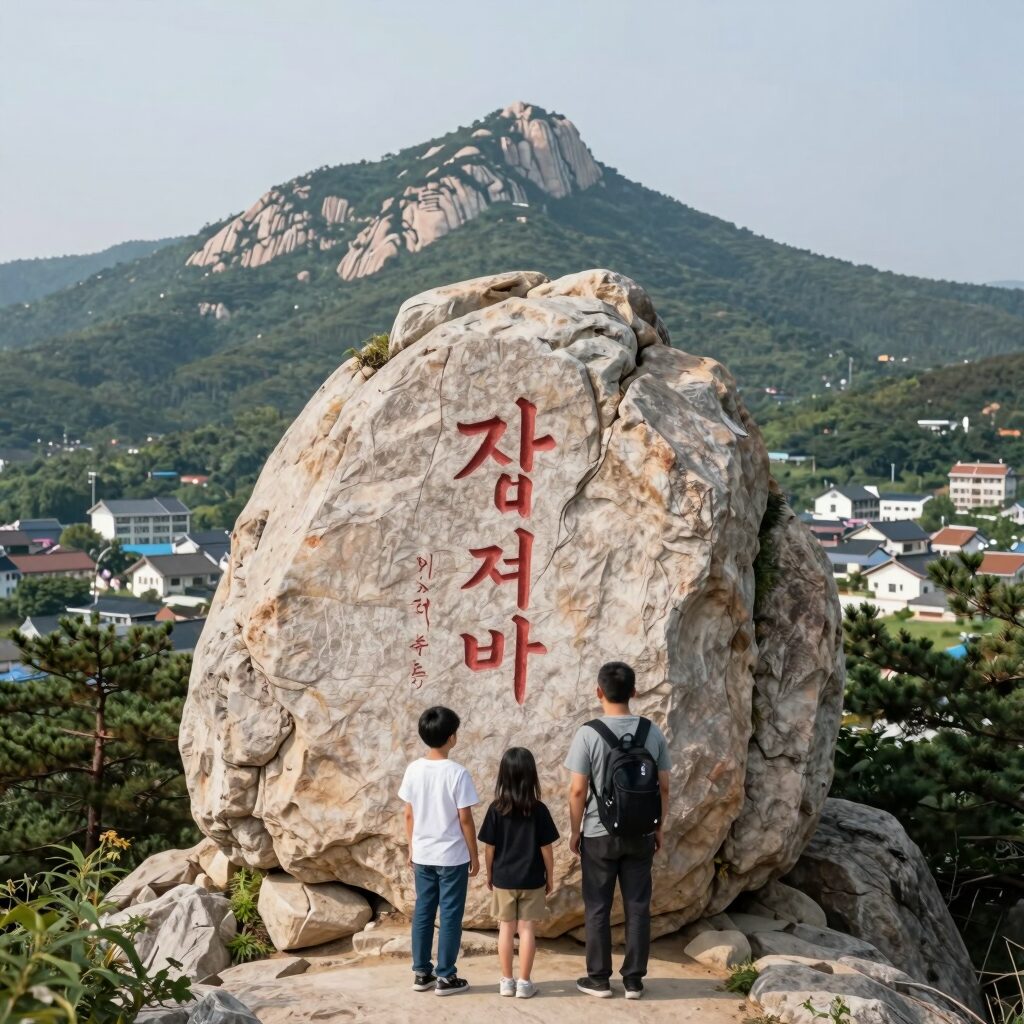 장흥 제암산 가족바위 주변에서 바라본 산능선과 멀리 보이는 마을 풍경