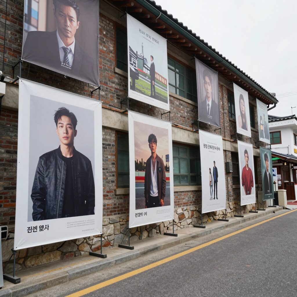 전주 영화의 거리 풍경, 영화제 기간 동안 다양한 포스터와 조형물로 꾸며진 거리