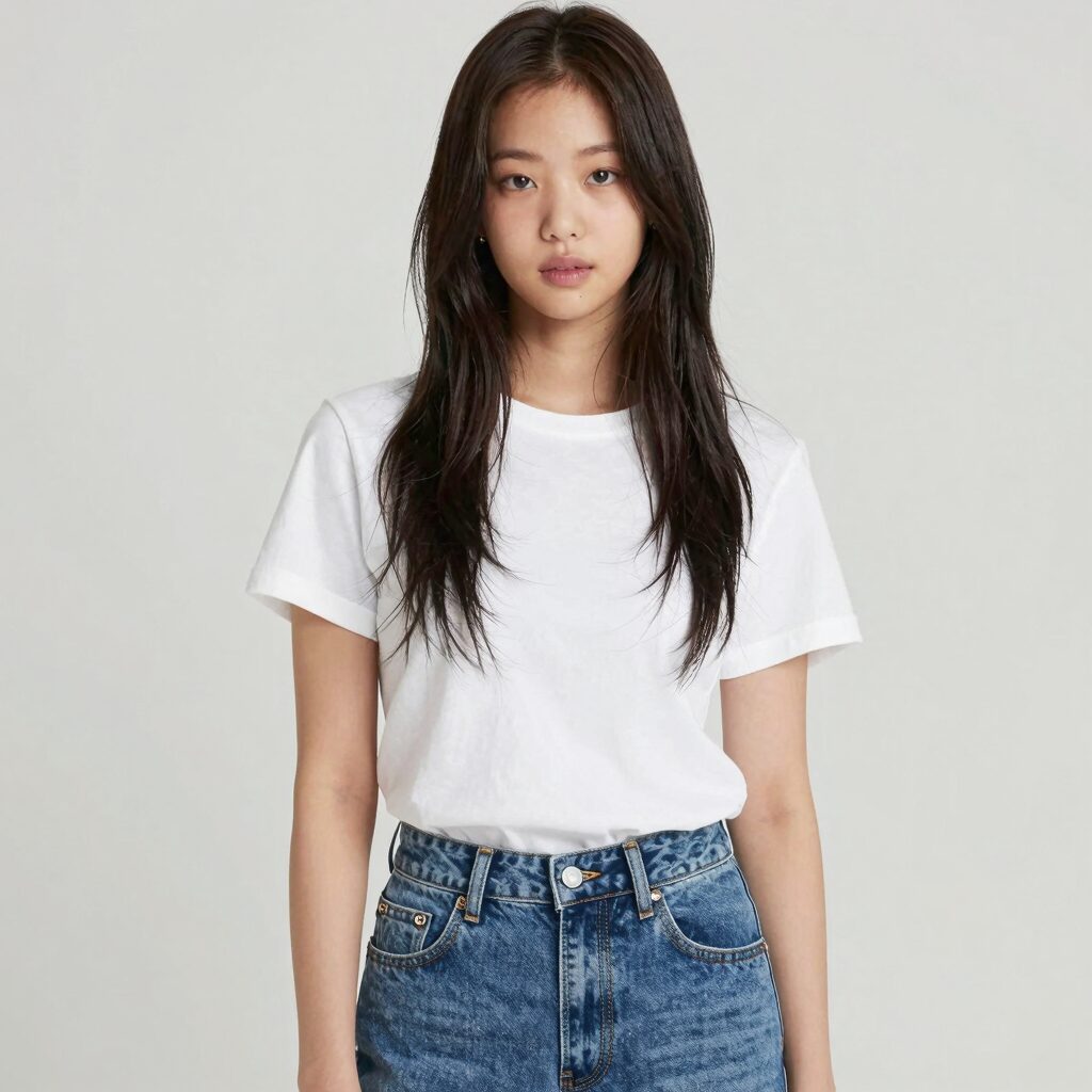 레드벨벳 조이 화이트 크롭티와 로우라이즈 데님 새깅 패션 스타일링