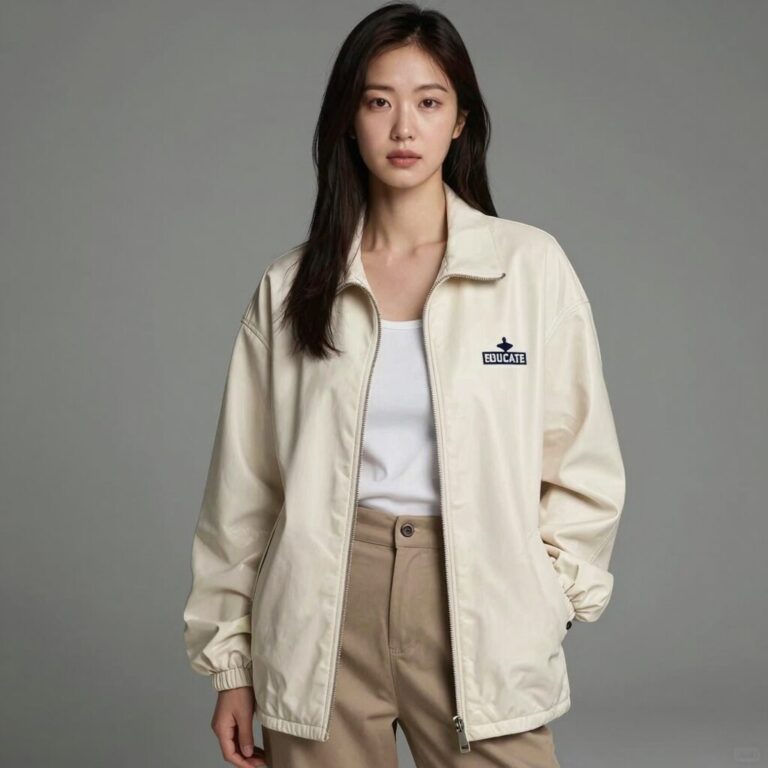 아이보리색 라코스테 가죽 슬립온을 신은 여성이 가디건과 슬랙스로 스타일링한 모습
