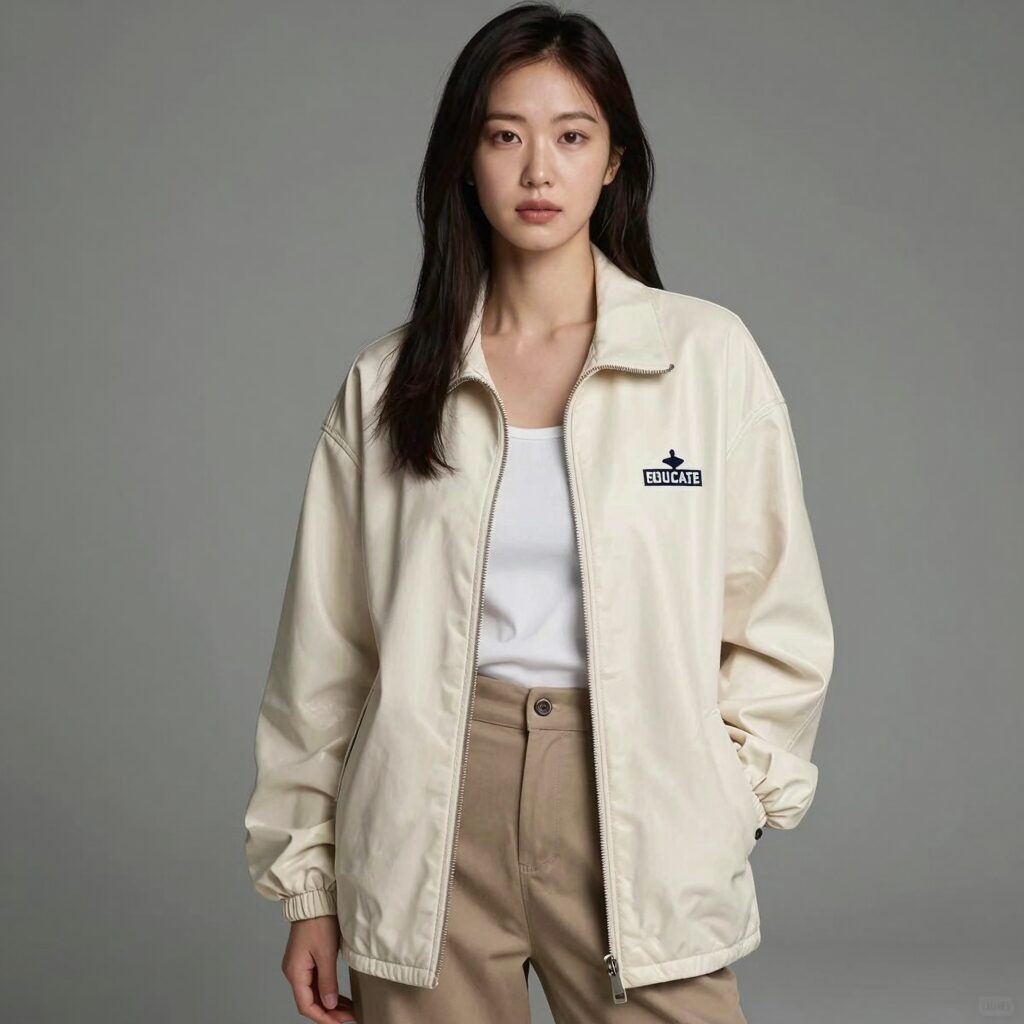 아이보리색 라코스테 가죽 슬립온을 신은 여성이 가디건과 슬랙스로 스타일링한 모습