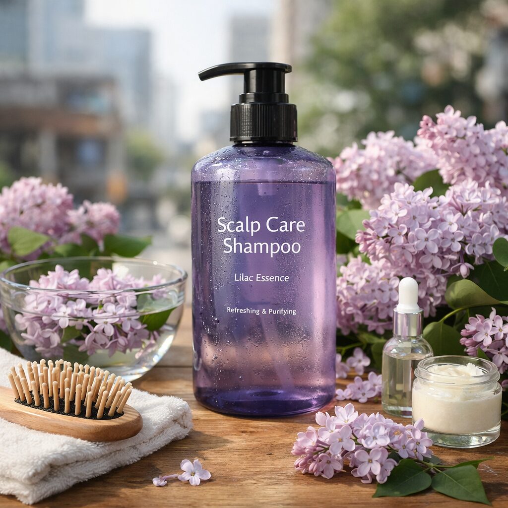 라일락 향이 나는 두피케어 샴퓸과 라일락 꽃이 함께 있는 배치