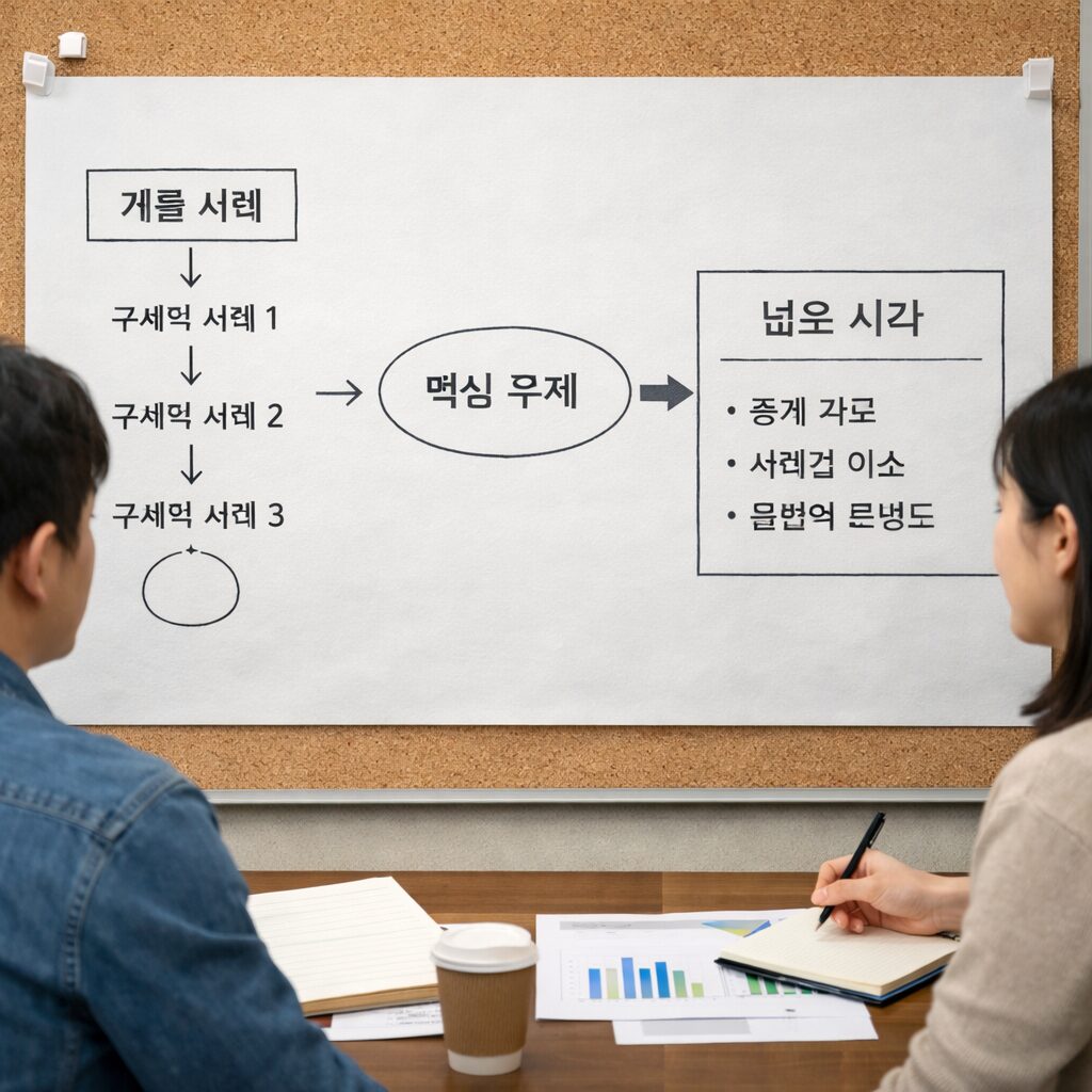 글쓰기 본론에서 미시적 관점에서 거시적 관점으로 논리를 확장하는 과정을 보여주는 다이어그램