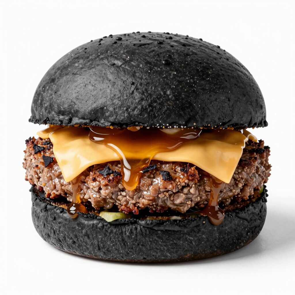 롯데리아 번트비프버거와 브라운버터오일이 함께 놓인 모습, 버거는 검은색 번에 고기와 치즈가 보인다